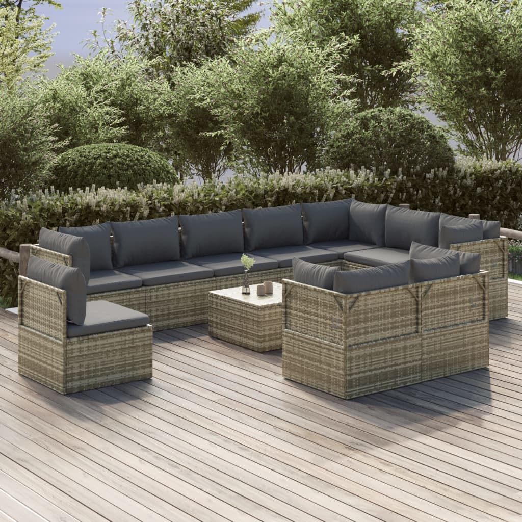 vidaXL 11 Piece Patio Lounge Set with Cushions Gray Poly Rattan-0