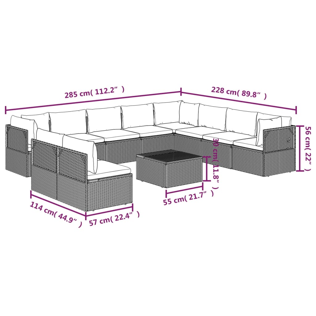 vidaXL 11 Piece Patio Lounge Set with Cushions Gray Poly Rattan-9