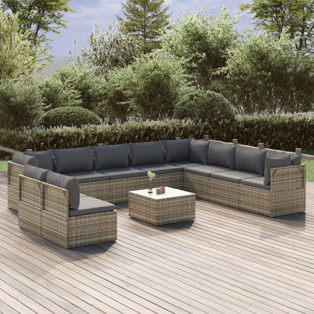 vidaXL 11 Piece Patio Lounge Set with Cushions Gray Poly Rattan-0