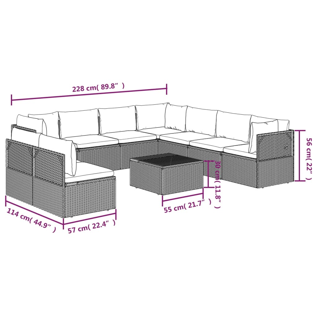 vidaXL 10 Piece Patio Lounge Set with Cushions Gray Poly Rattan-9