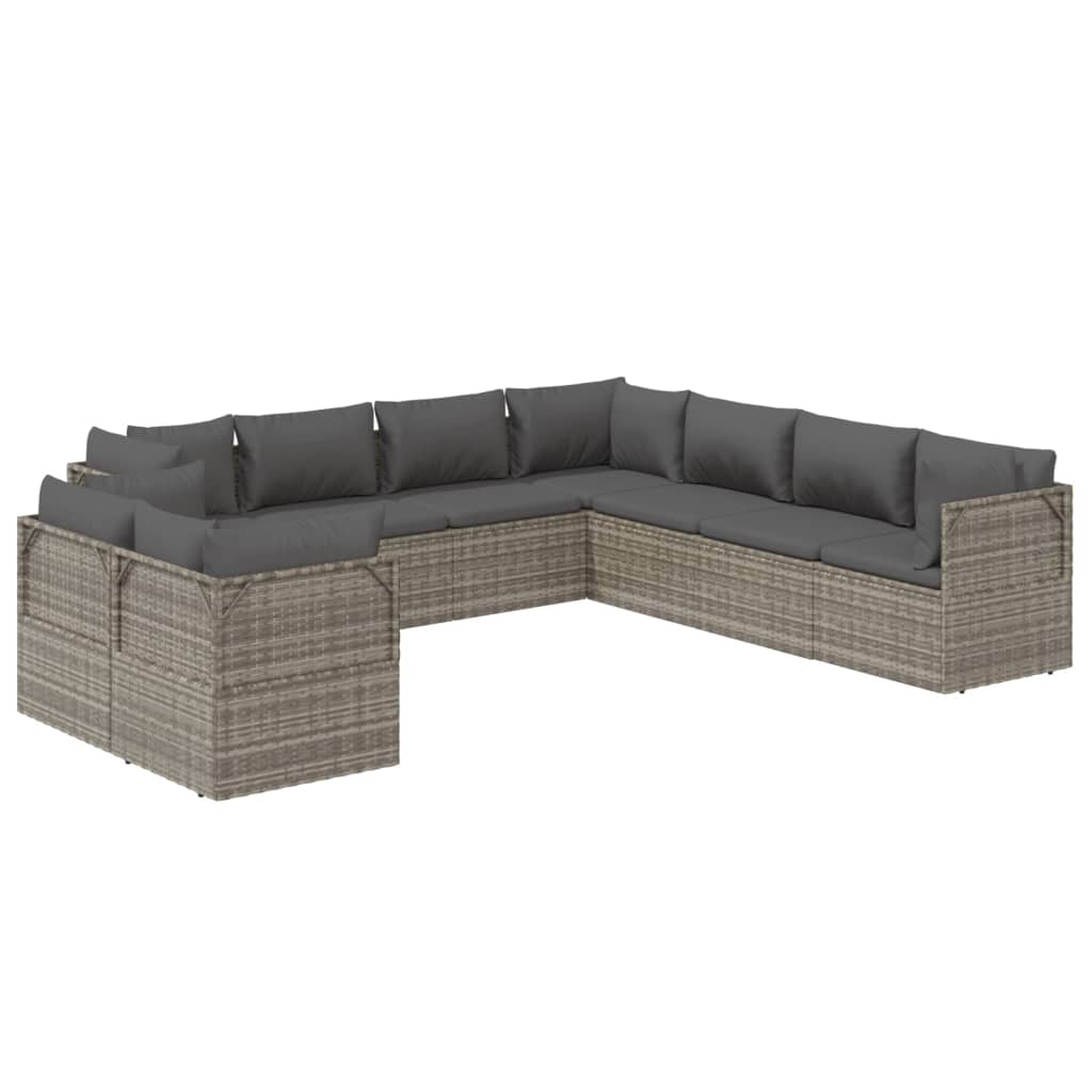 vidaXL 9 Piece Patio Lounge Set with Cushions Gray Poly Rattan-4