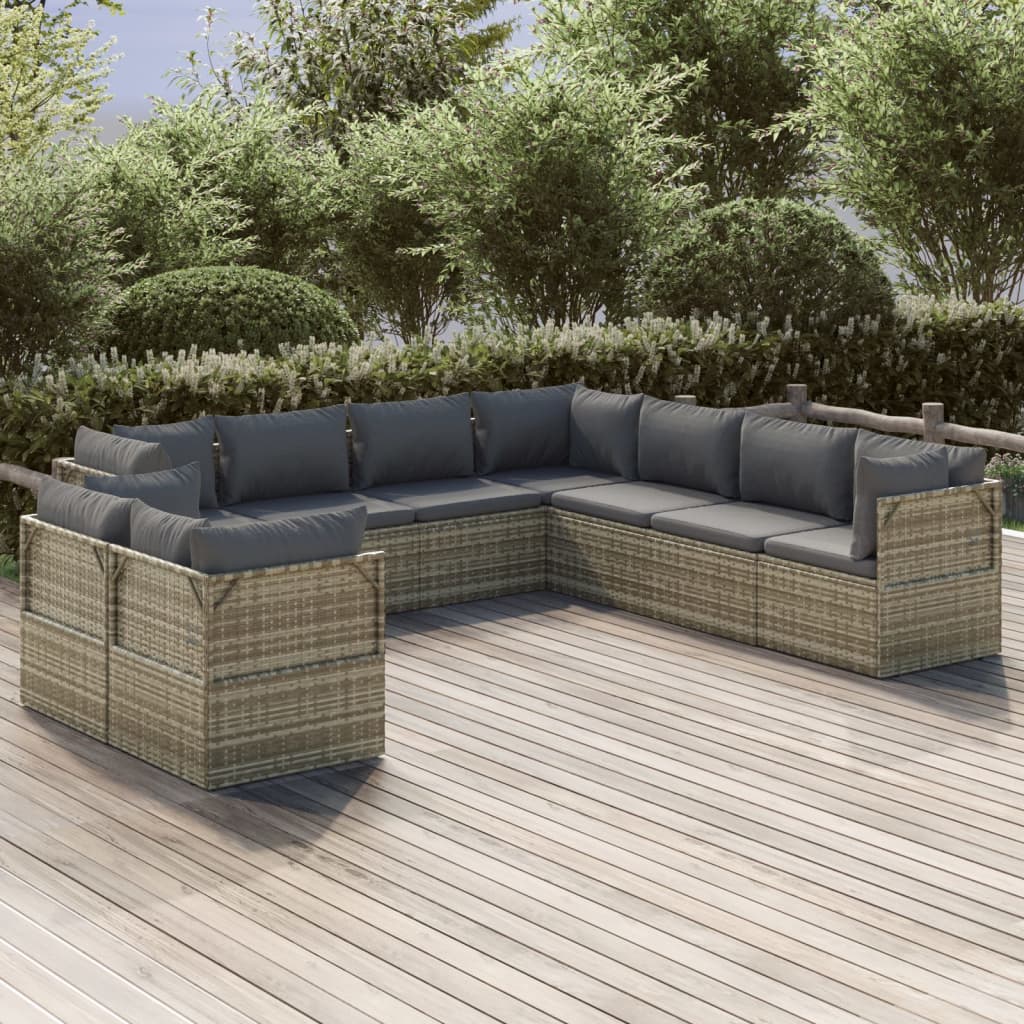 vidaXL 9 Piece Patio Lounge Set with Cushions Gray Poly Rattan-0