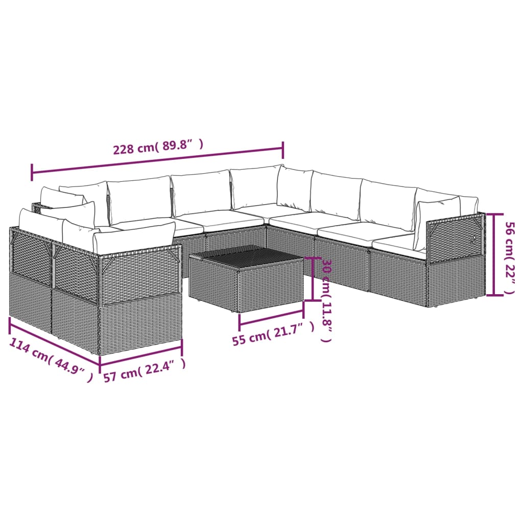 vidaXL 10 Piece Patio Lounge Set with Cushions Gray Poly Rattan-9