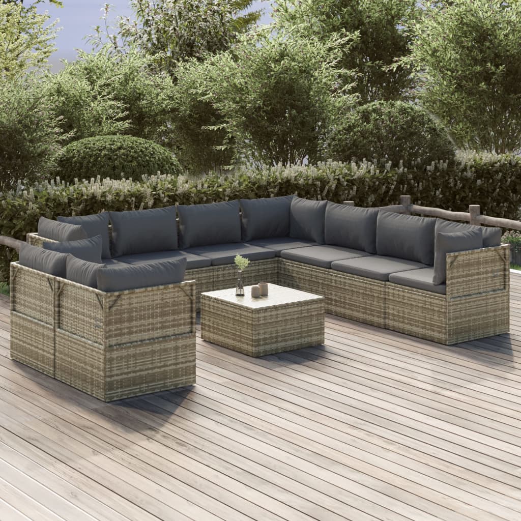 vidaXL 10 Piece Patio Lounge Set with Cushions Gray Poly Rattan-0