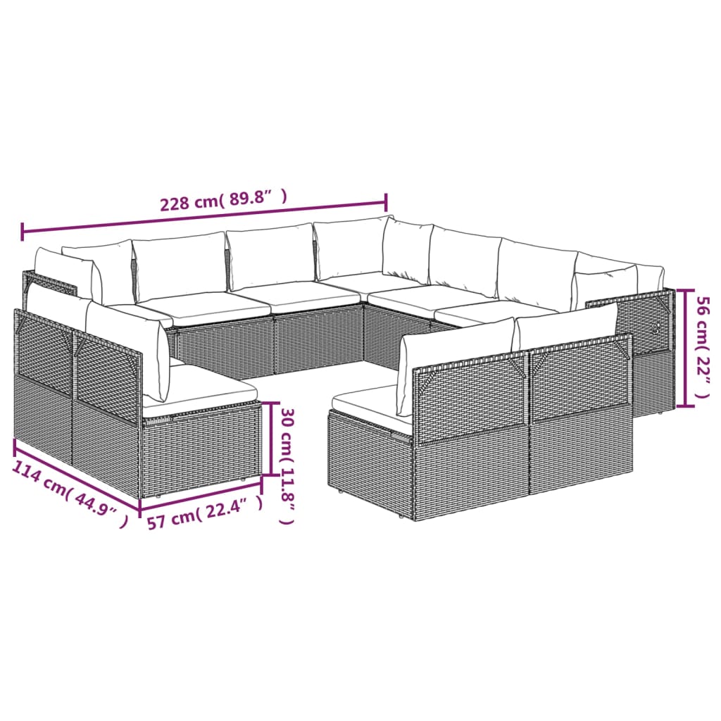 vidaXL 11 Piece Patio Lounge Set with Cushions Gray Poly Rattan-3