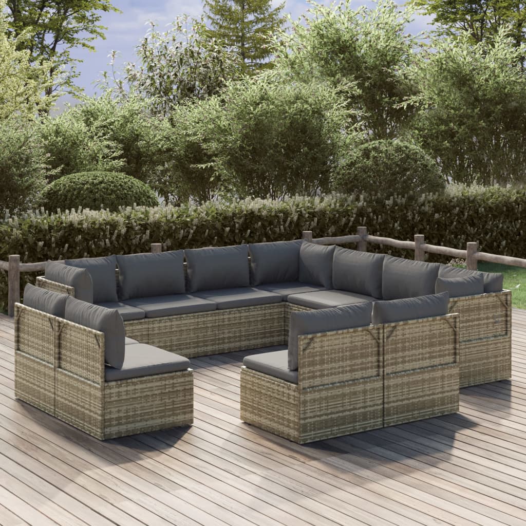 vidaXL 11 Piece Patio Lounge Set with Cushions Gray Poly Rattan-0