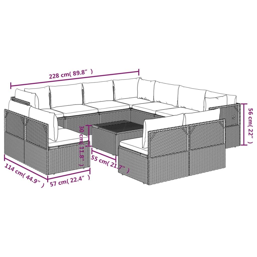 vidaXL 12 Piece Patio Lounge Set with Cushions Gray Poly Rattan-9