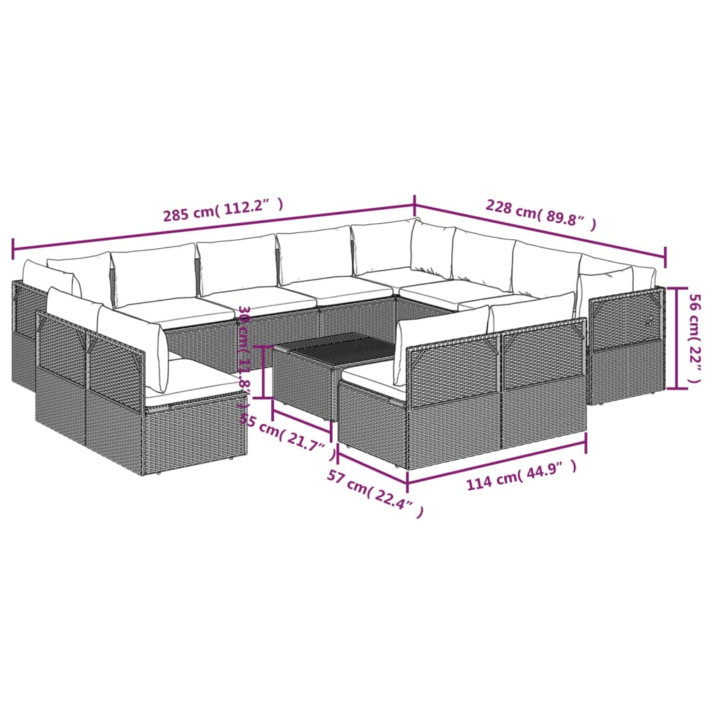 vidaXL 13 Piece Patio Lounge Set with Cushions Gray Poly Rattan-9