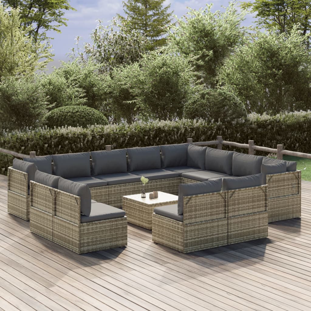 vidaXL 13 Piece Patio Lounge Set with Cushions Gray Poly Rattan-0