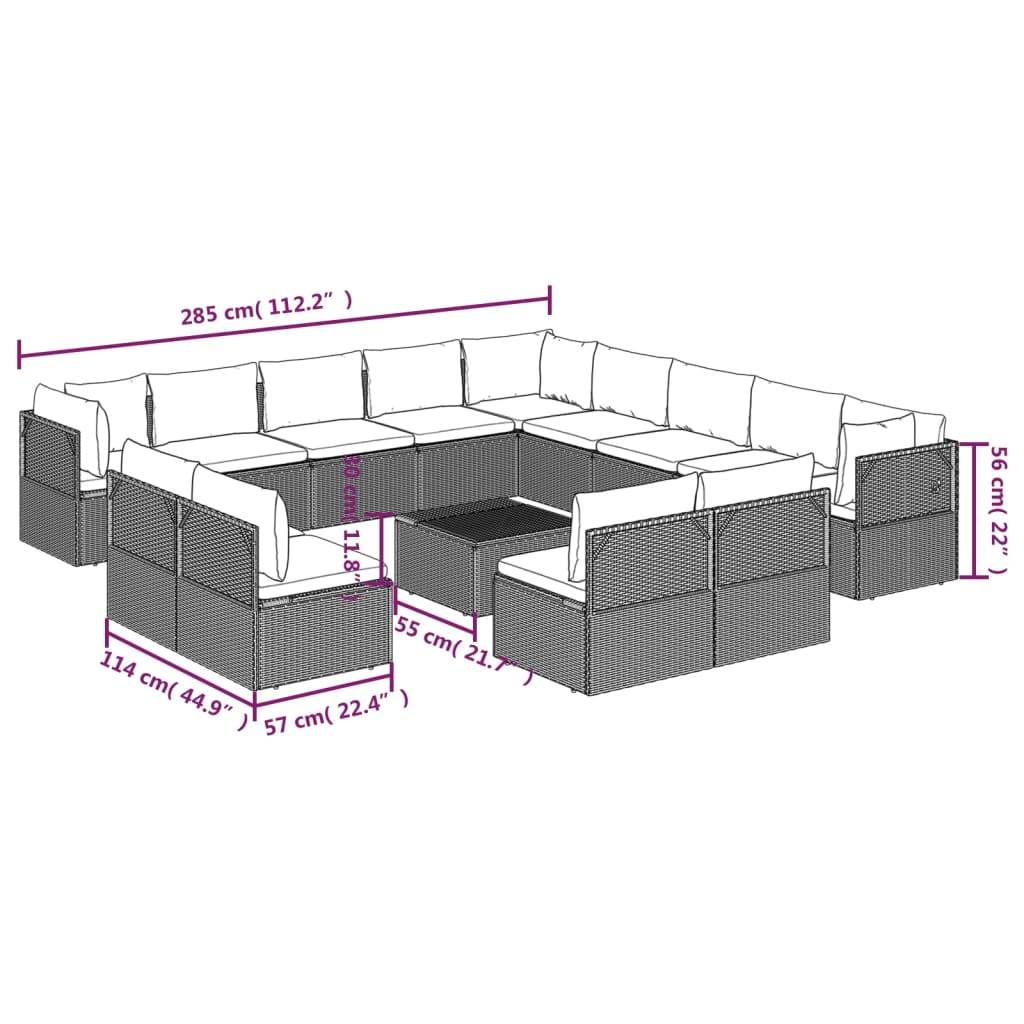 vidaXL 14 Piece Patio Lounge Set with Cushions Gray Poly Rattan-9