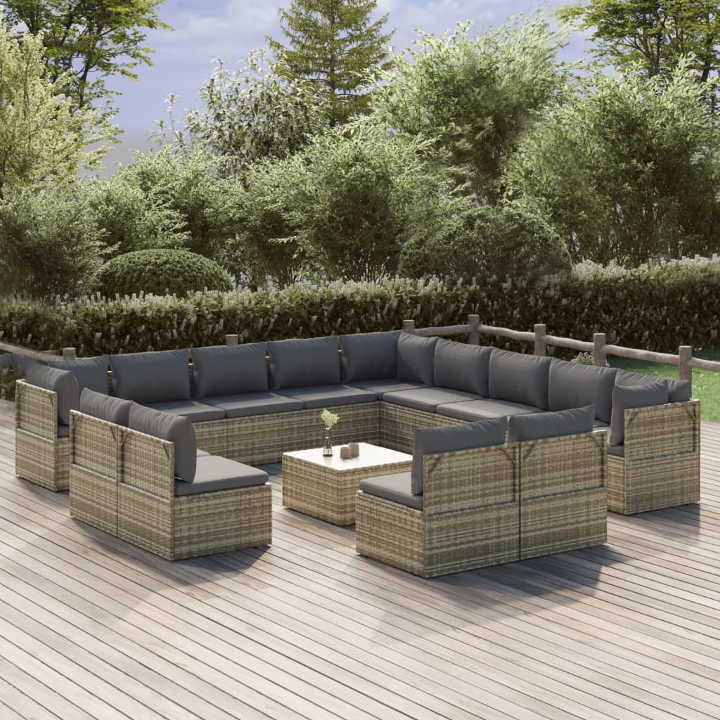 vidaXL 14 Piece Patio Lounge Set with Cushions Gray Poly Rattan-0