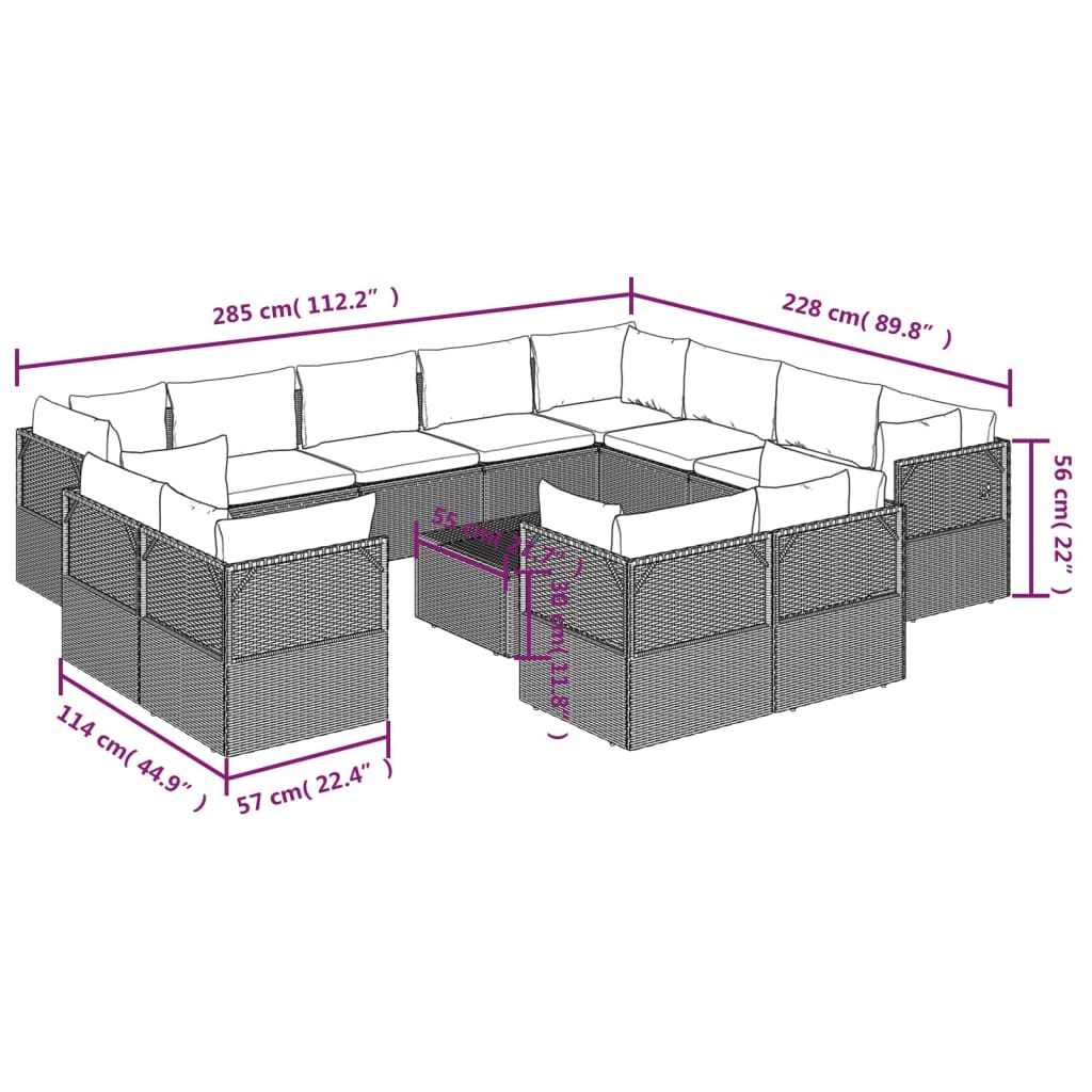 vidaXL 13 Piece Patio Lounge Set with Cushions Gray Poly Rattan-9