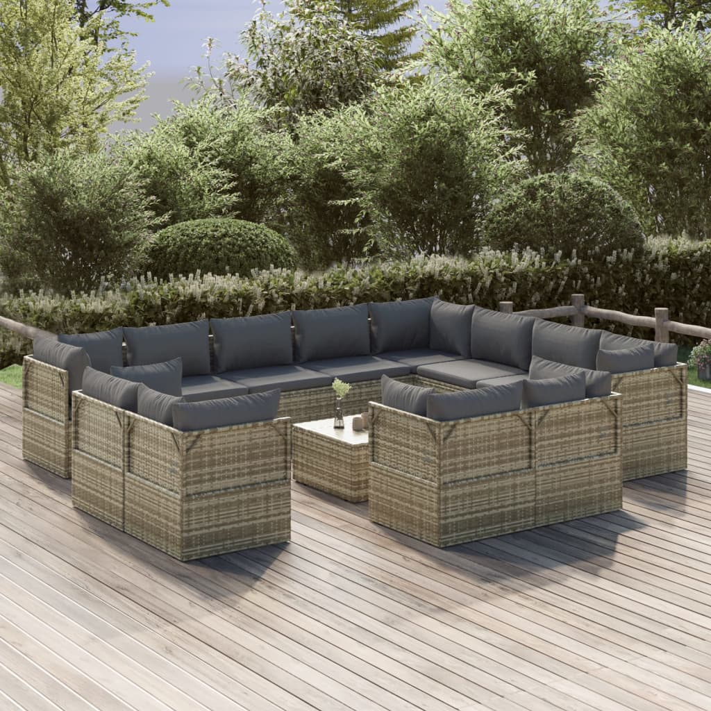 vidaXL 13 Piece Patio Lounge Set with Cushions Gray Poly Rattan-0