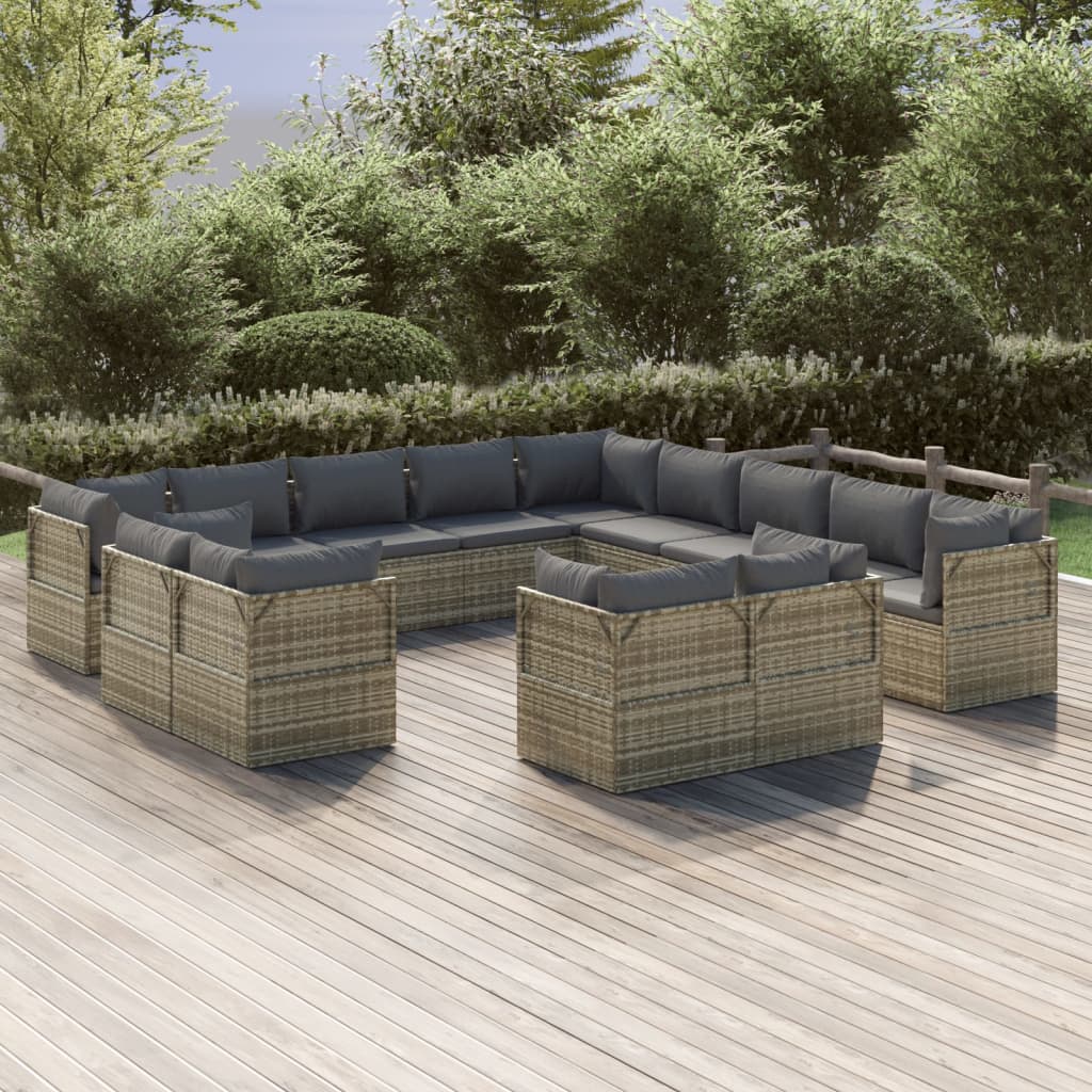 vidaXL 13 Piece Patio Lounge Set with Cushions Gray Poly Rattan-0