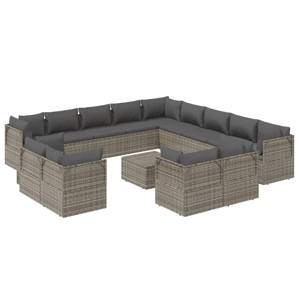 vidaXL 14 Piece Patio Lounge Set with Cushions Gray Poly Rattan-3