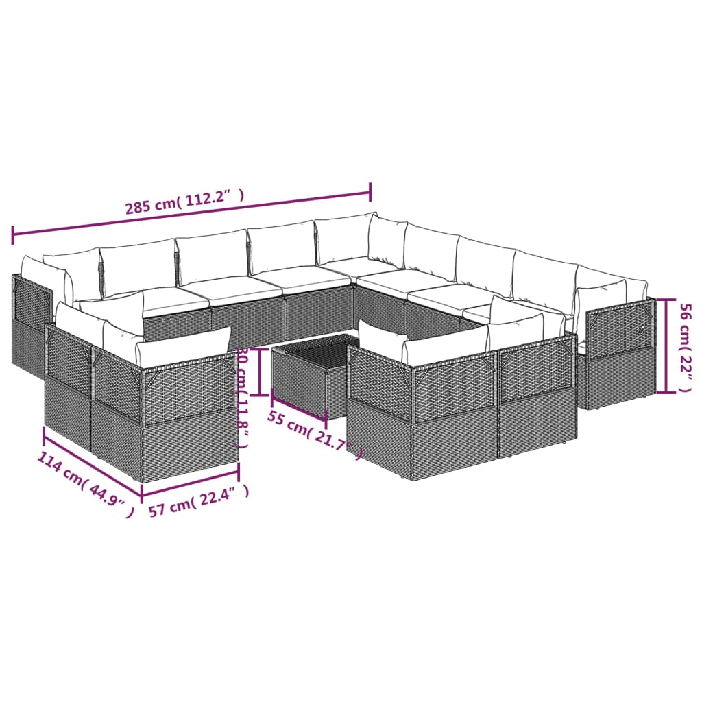 vidaXL 14 Piece Patio Lounge Set with Cushions Gray Poly Rattan-9