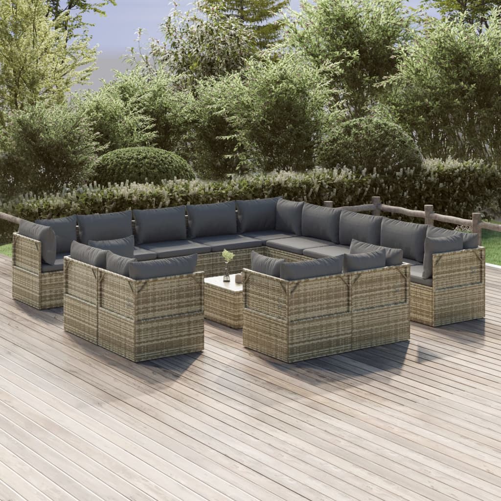 vidaXL 14 Piece Patio Lounge Set with Cushions Gray Poly Rattan-0