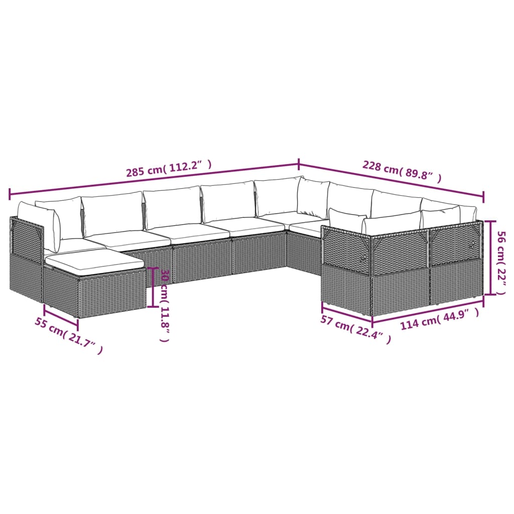 vidaXL 10 Piece Patio Lounge Set with Cushions Gray Poly Rattan-9