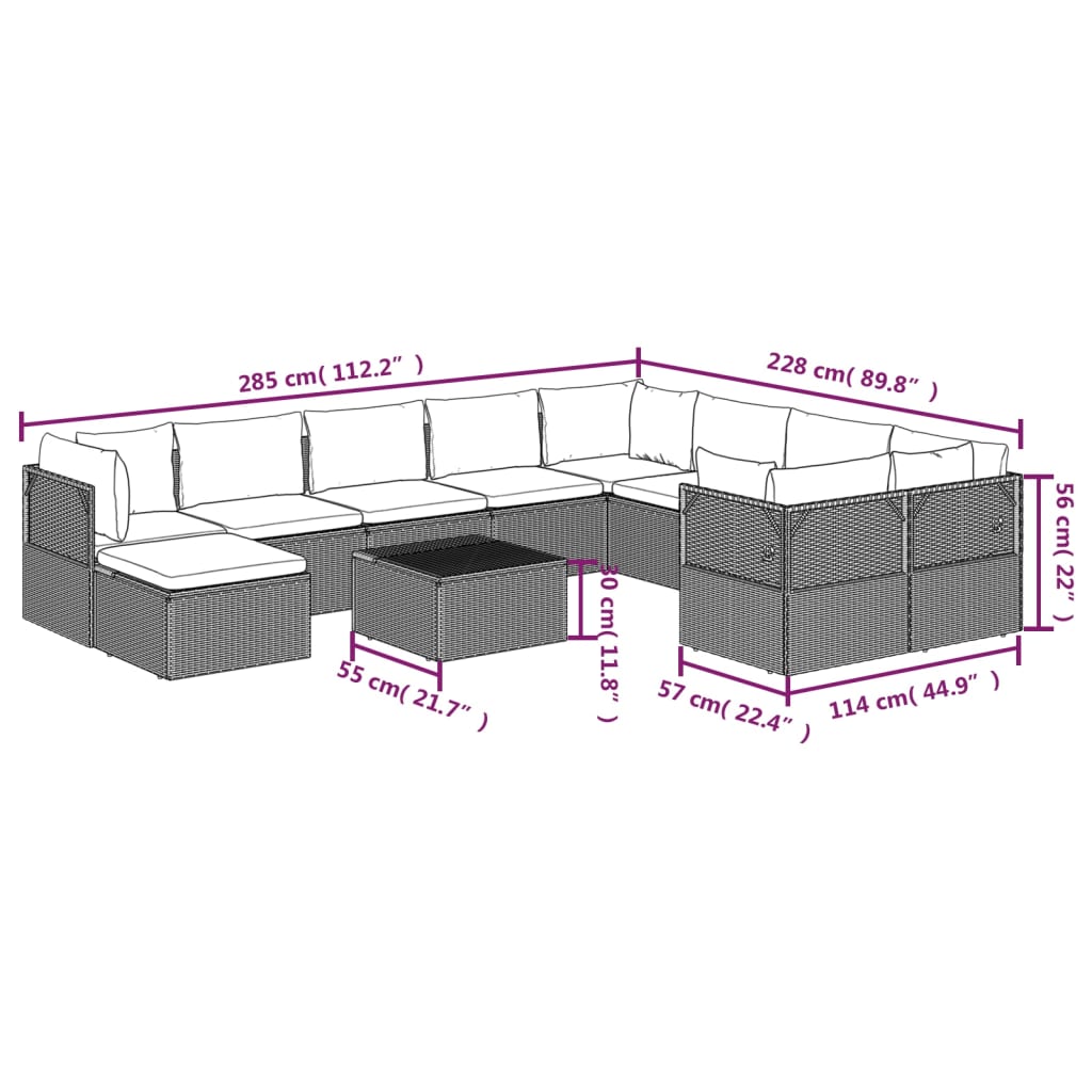 vidaXL 11 Piece Patio Lounge Set with Cushions Gray Poly Rattan-9