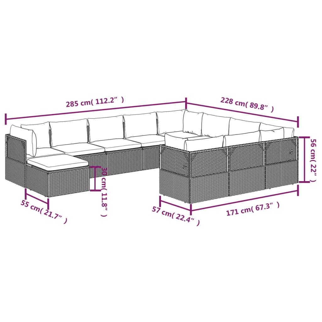 vidaXL 11 Piece Patio Lounge Set with Cushions Gray Poly Rattan-9