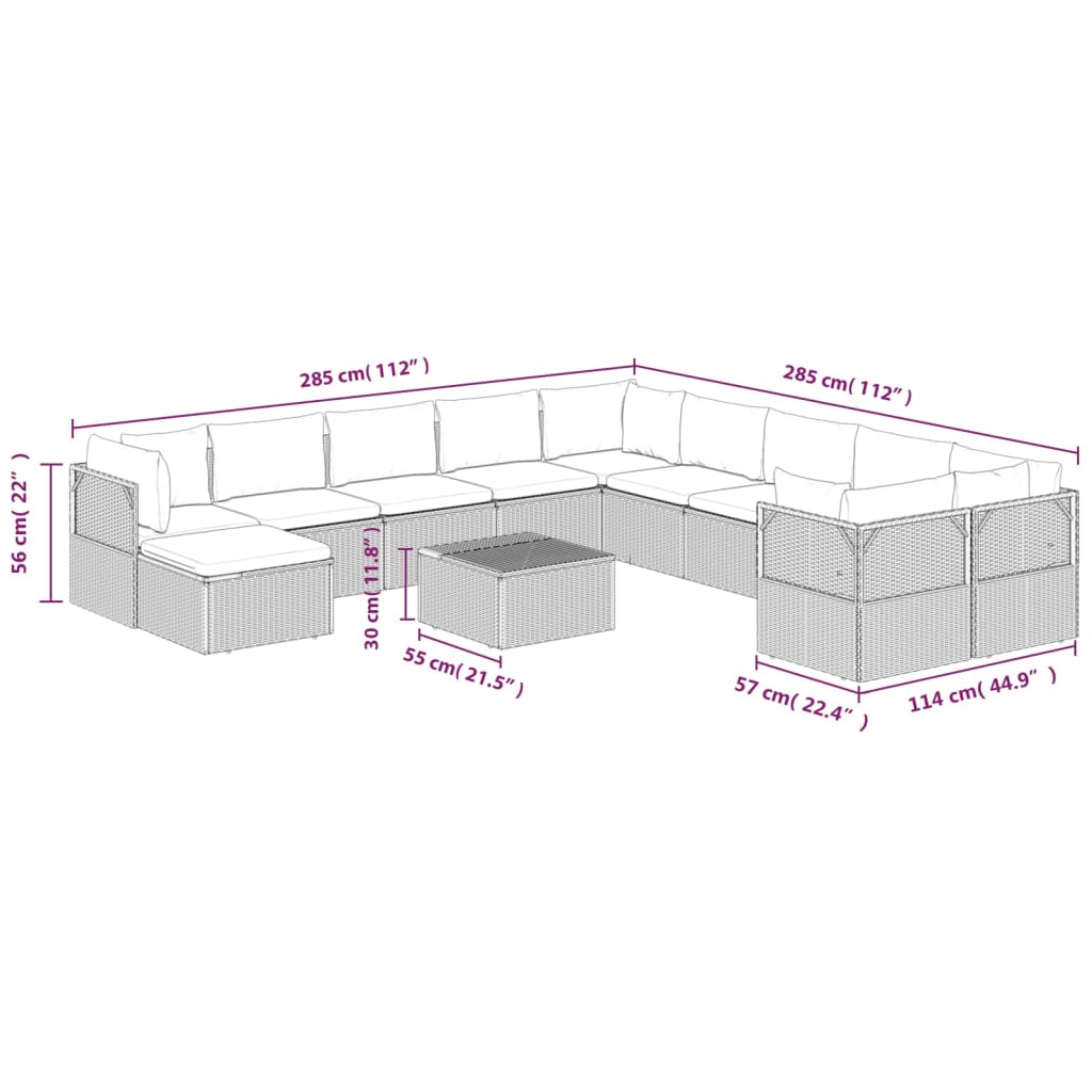 vidaXL 12 Piece Patio Lounge Set with Cushions Gray Poly Rattan-9