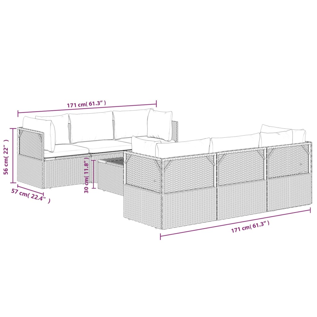 vidaXL 7 Piece Patio Lounge Set with Cushions Gray Poly Rattan-9