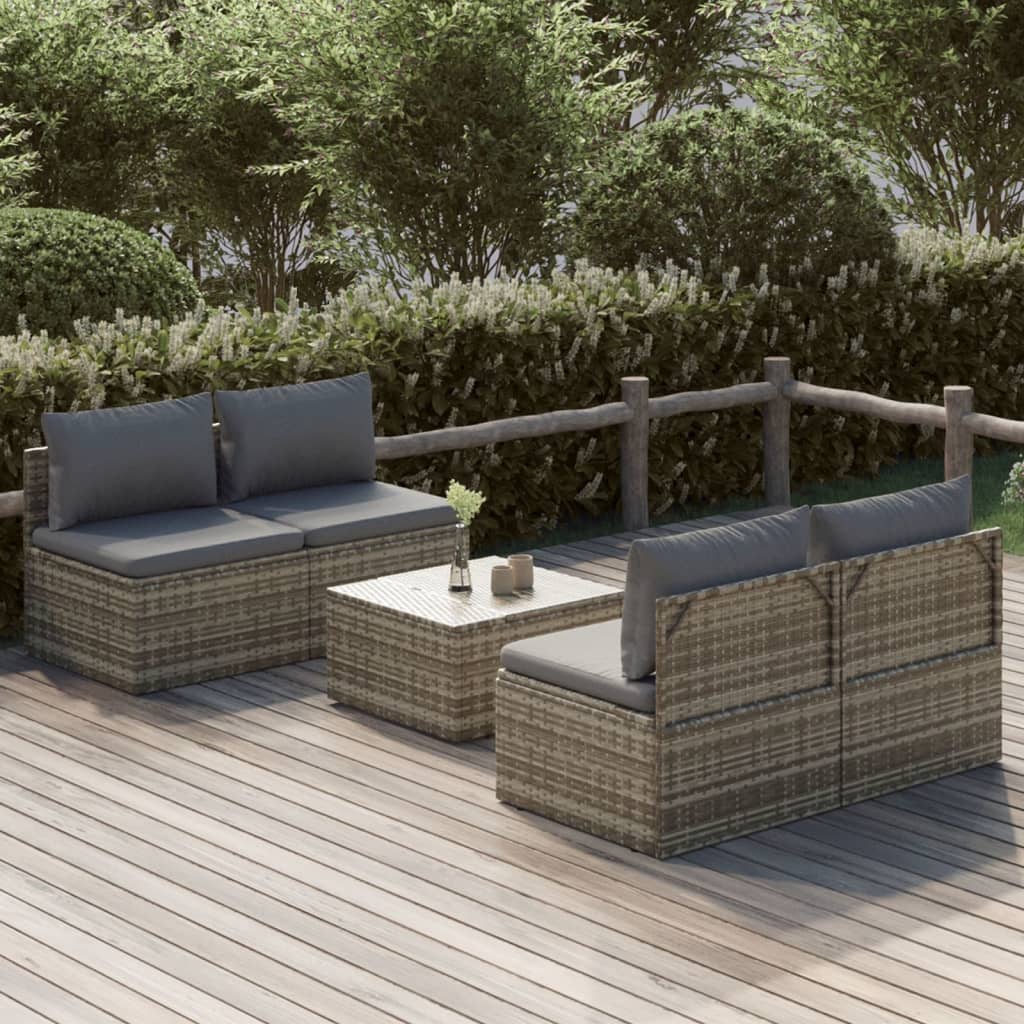 vidaXL 5 Piece Patio Lounge Set with Cushions Gray Poly Rattan-0