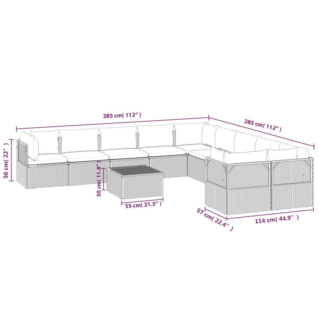 vidaXL 11 Piece Patio Lounge Set with Cushions Gray Poly Rattan-9