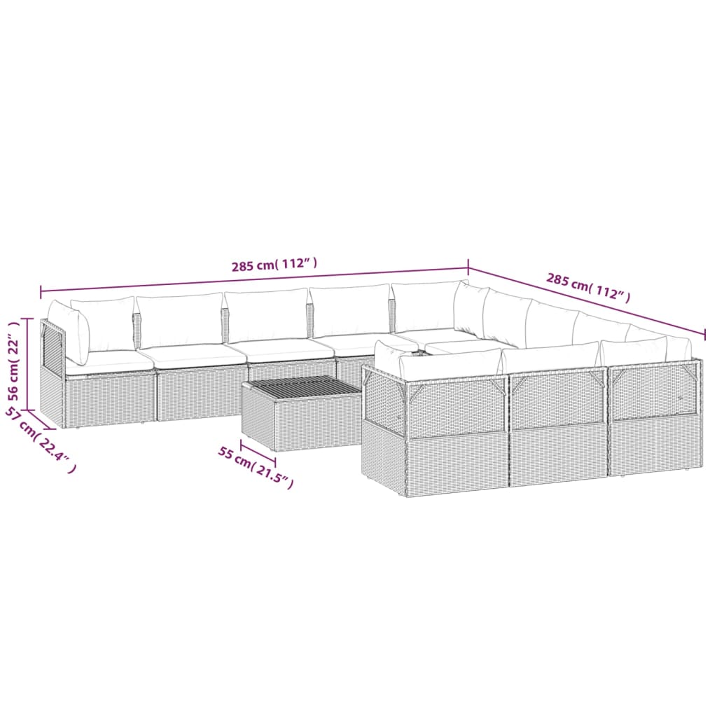 vidaXL 12 Piece Patio Lounge Set with Cushions Gray Poly Rattan-9