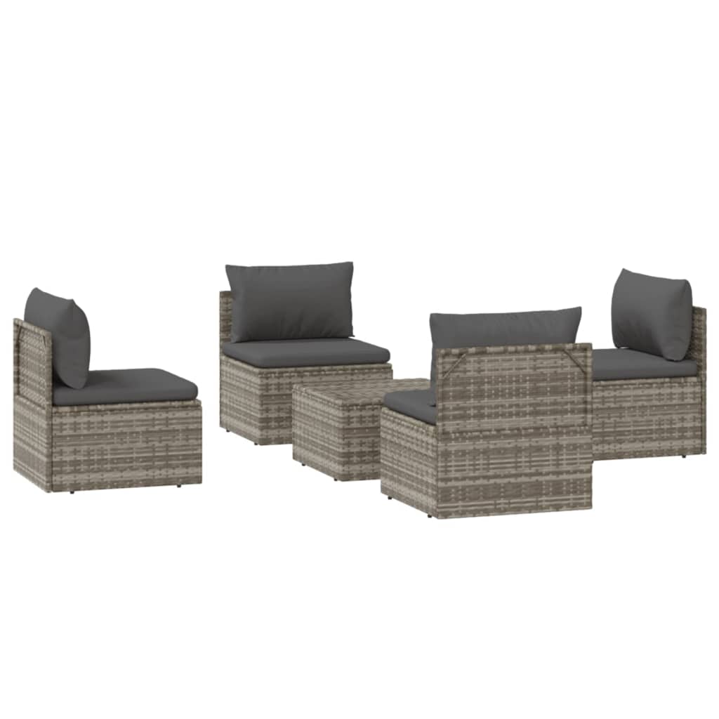 vidaXL 5 Piece Patio Lounge Set with Cushions Gray Poly Rattan-4