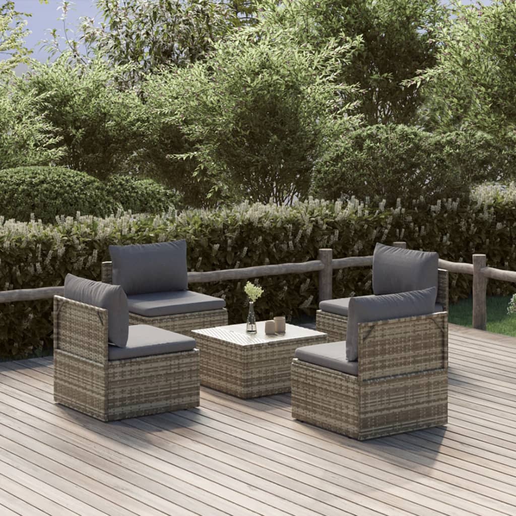 vidaXL 5 Piece Patio Lounge Set with Cushions Gray Poly Rattan-0