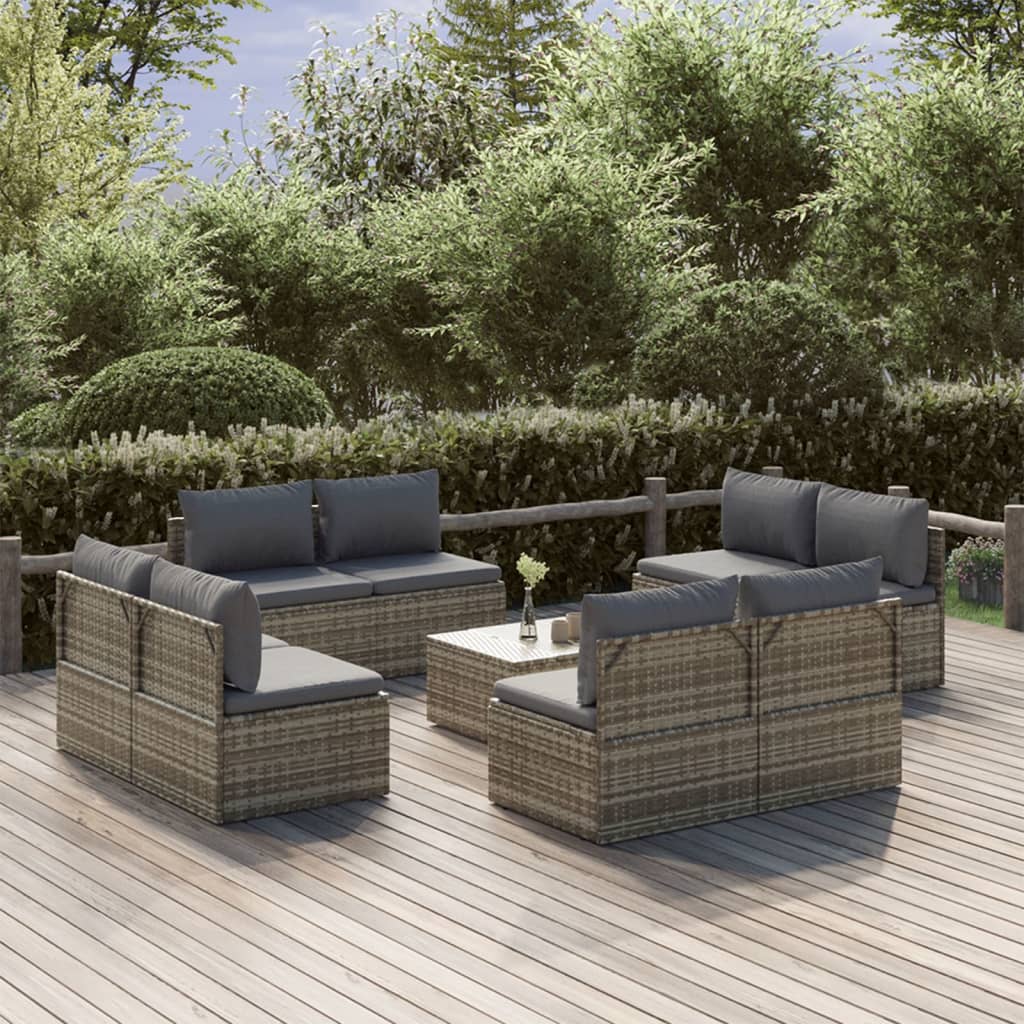 vidaXL 9 Piece Patio Lounge Set with Cushions Gray Poly Rattan-0