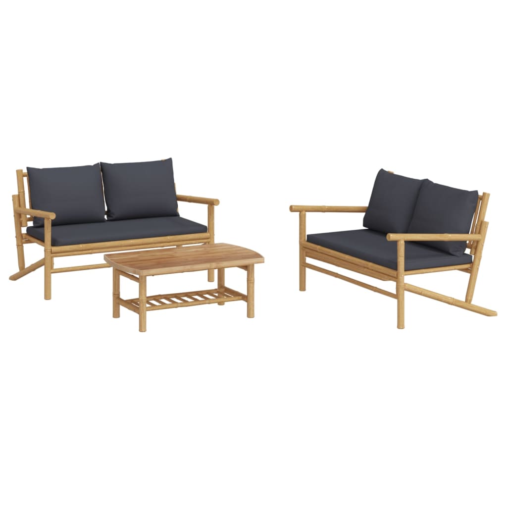 vidaXL 3 Piece Patio Lounge Set with Dark Gray Cushions Bamboo-1