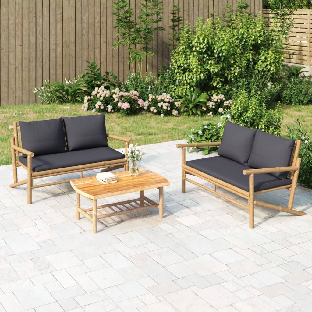 vidaXL 3 Piece Patio Lounge Set with Dark Gray Cushions Bamboo-0