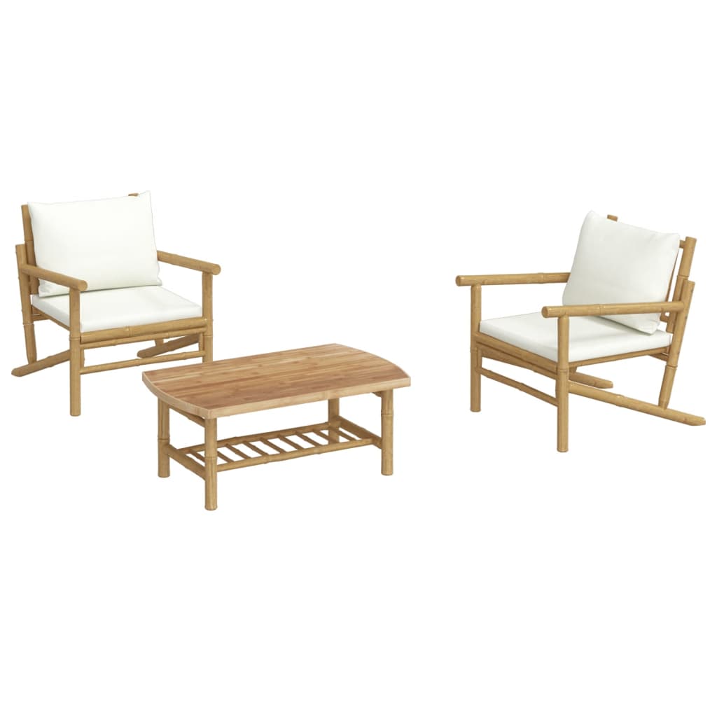 vidaXL 3 Piece Patio Lounge Set with Cream White Cushions Bamboo-1