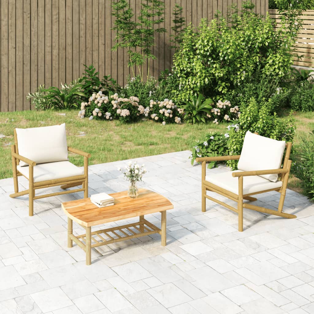 vidaXL 3 Piece Patio Lounge Set with Cream White Cushions Bamboo-0