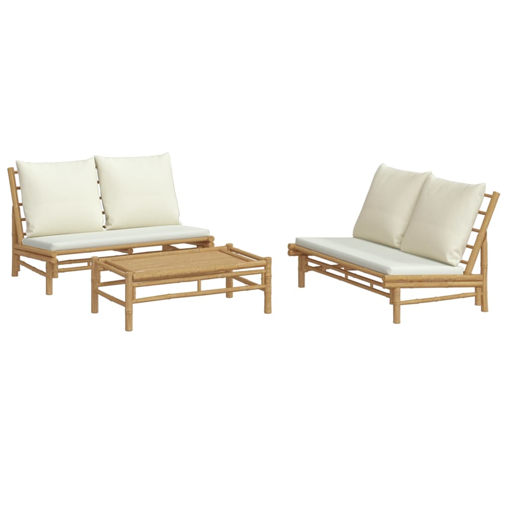 vidaXL 3 Piece Patio Lounge Set with Cream White Cushions Bamboo-1