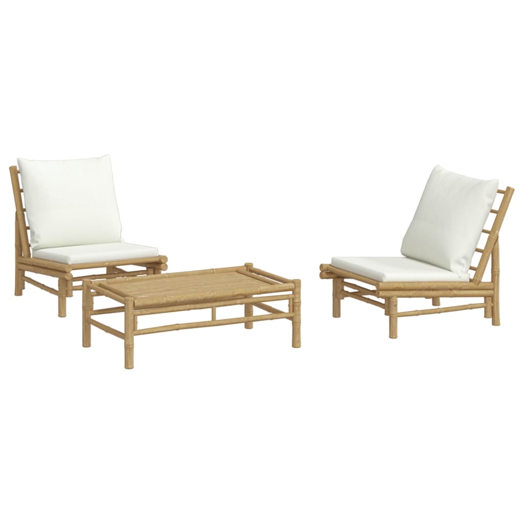 vidaXL 3 Piece Patio Lounge Set with Cream White Cushions Bamboo-1