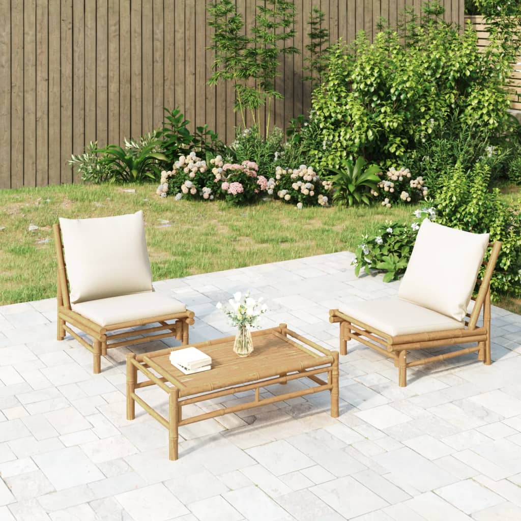 vidaXL 3 Piece Patio Lounge Set with Cream White Cushions Bamboo-0