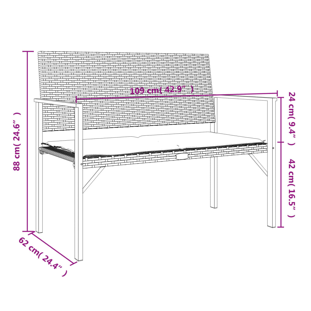 vidaXL 2-Seater Patio Bench with Cushion Black Poly Rattan-1