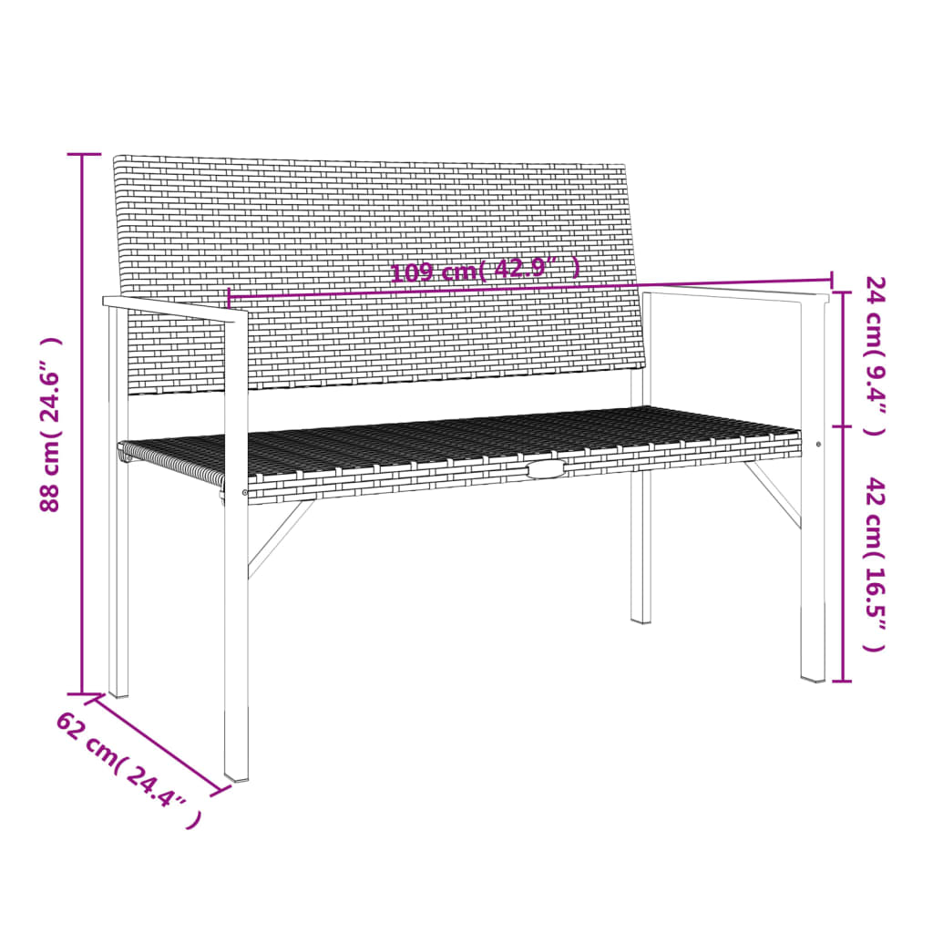 vidaXL 2-Seater Patio Bench Black Poly Rattan-15