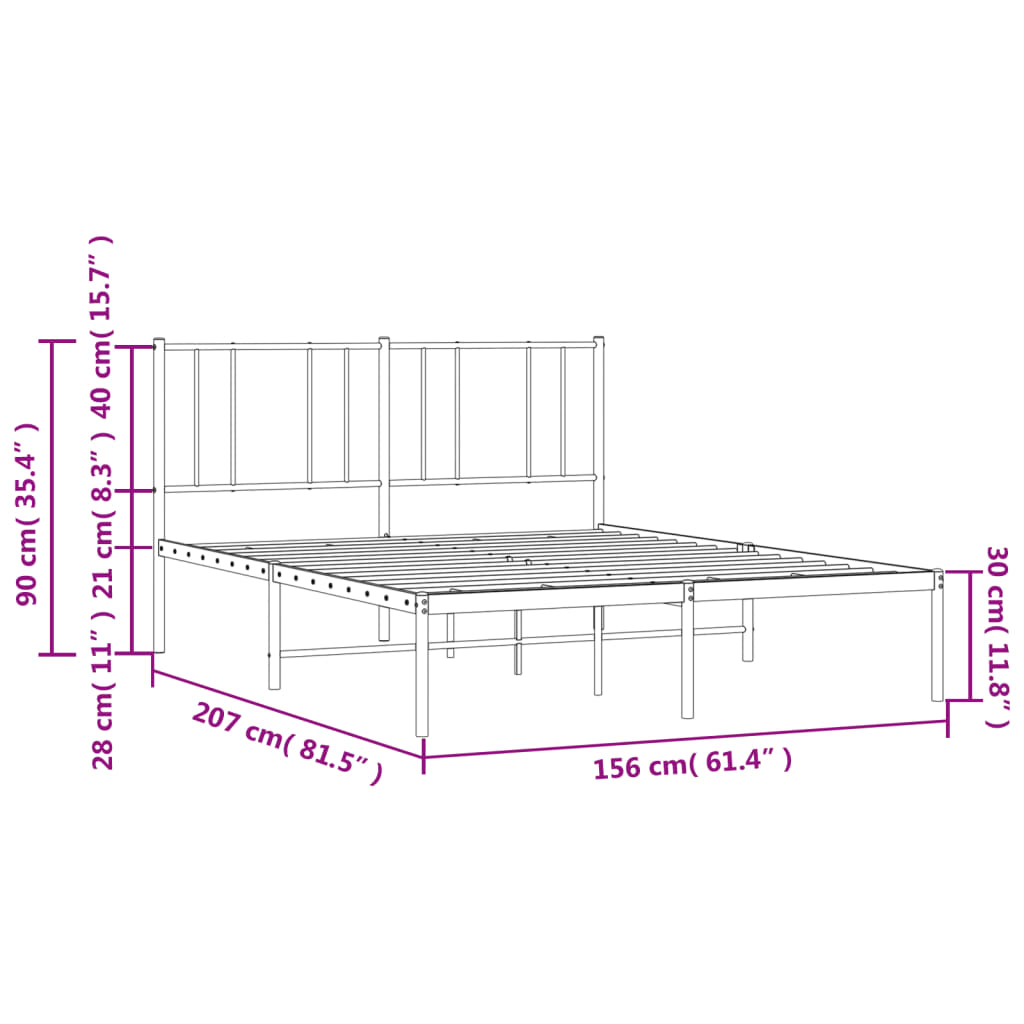 vidaXL Metal Bed Frame with Headboard White 59.8"x78.7"-8