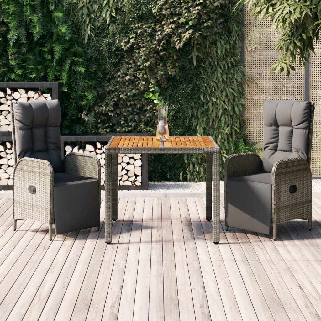 vidaXL 3 Piece Patio Dining Set with Cushions Gray Poly Rattan-0