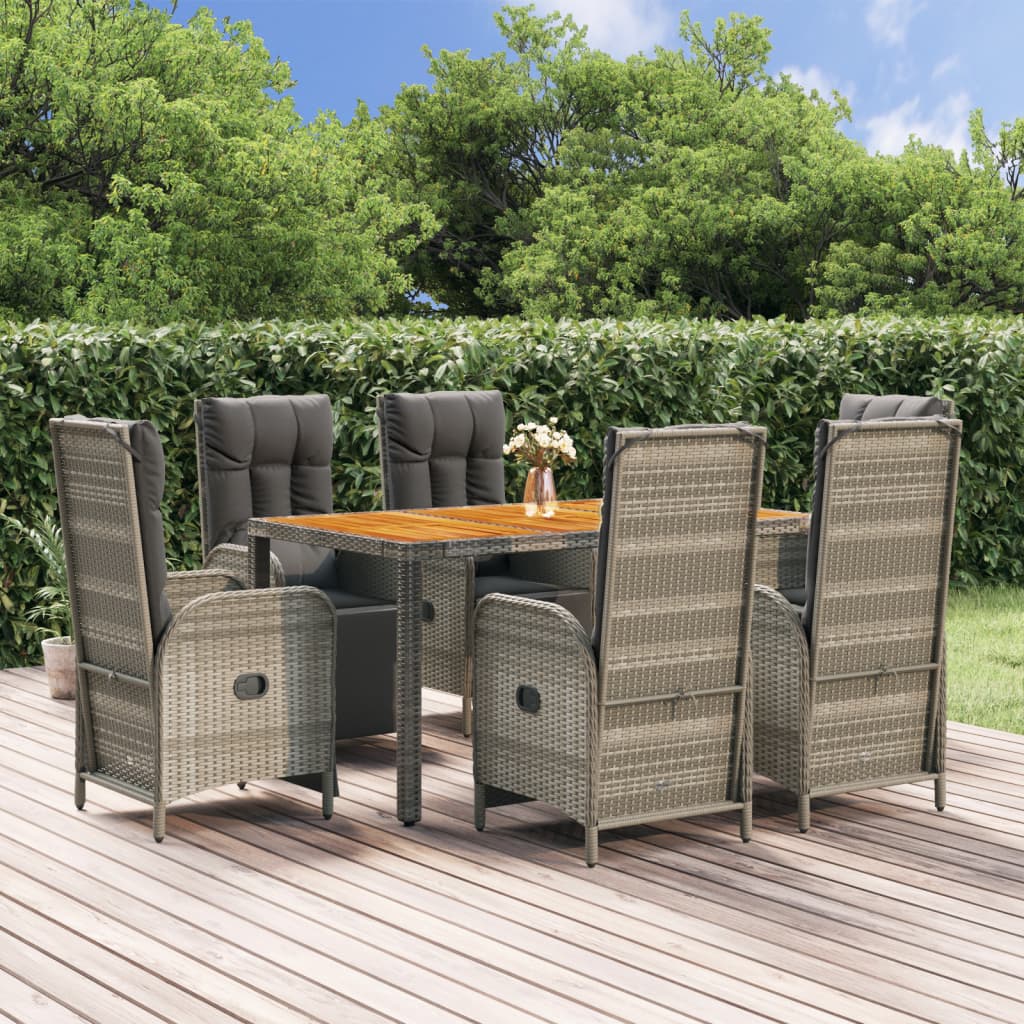 vidaXL 7 Piece Patio Dining Set with Cushions Gray Poly Rattan-0