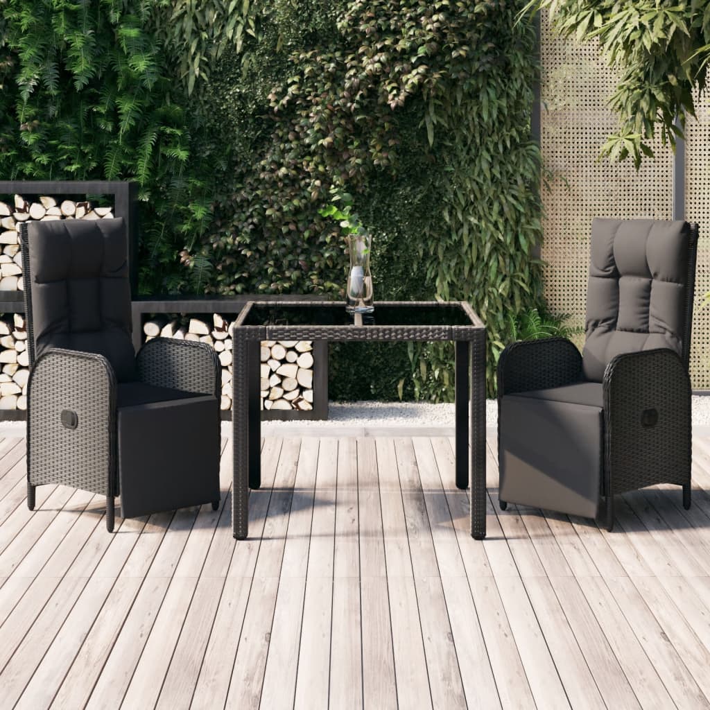 vidaXL 3 Piece Patio Dining Set with Cushions Black Poly Rattan-0