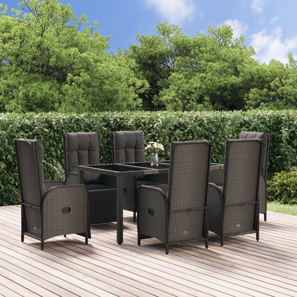 vidaXL 7 Piece Patio Dining Set with Cushions Black and Gray Poly Rattan-0