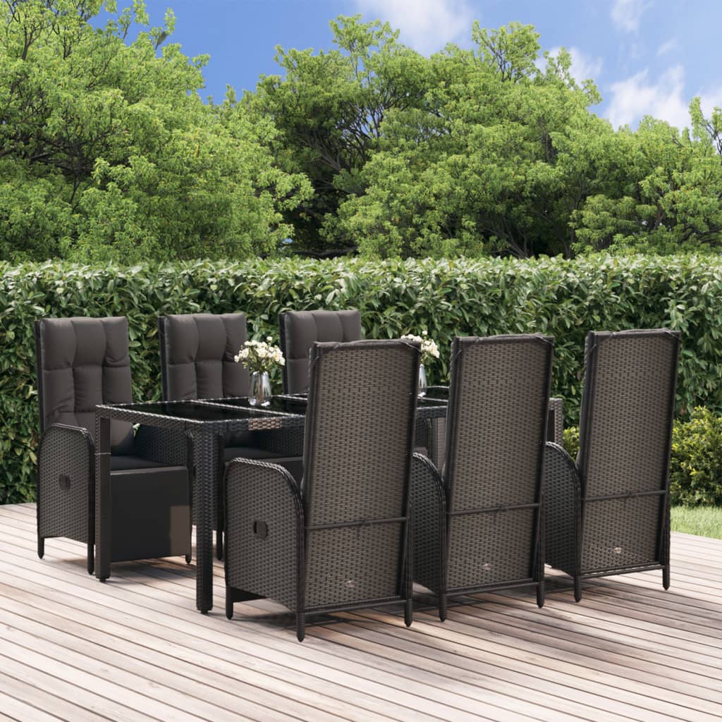 vidaXL 7 Piece Patio Dining Set with Cushions Black Poly Rattan-0