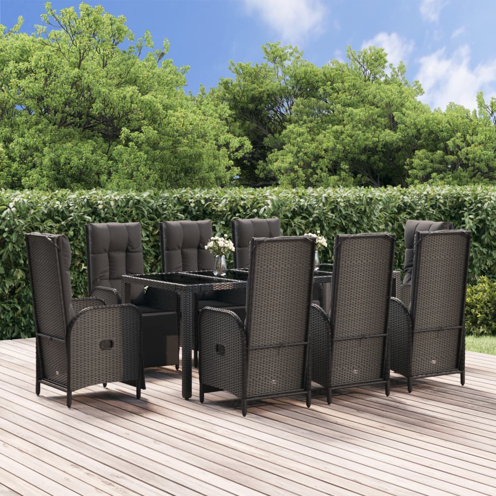 vidaXL 9 Piece Patio Dining Set with Cushions Black Poly Rattan-0