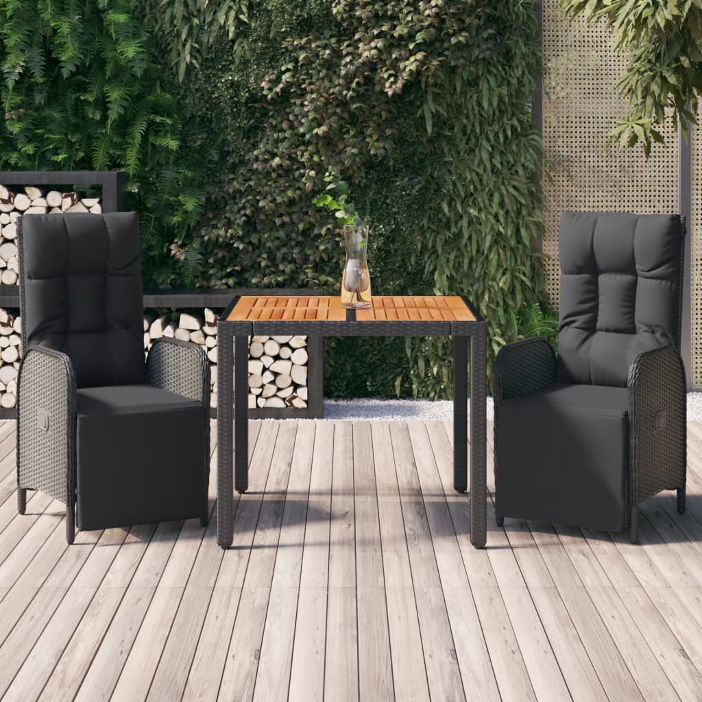 vidaXL 3 Piece Patio Dining Set with Cushions Black Poly Rattan-0