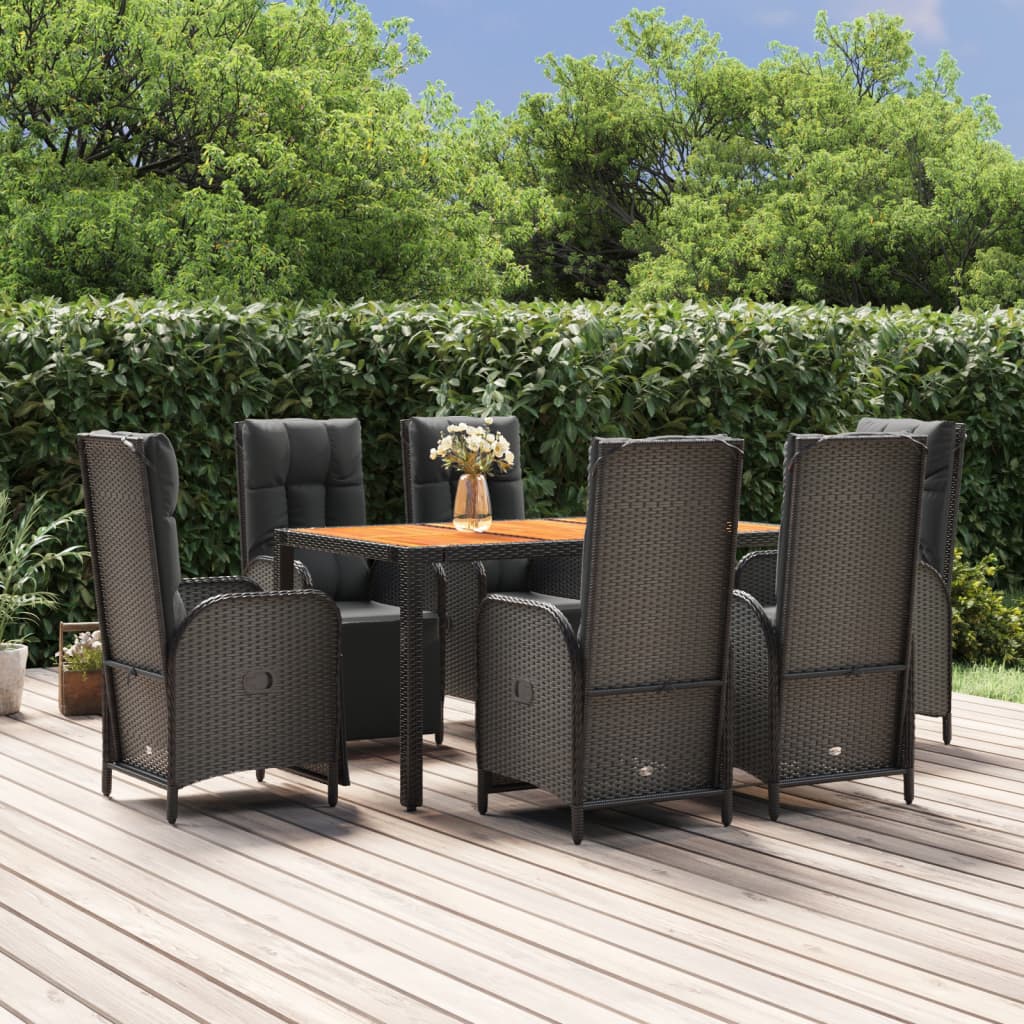 vidaXL 7 Piece Patio Dining Set with Cushions Black Poly Rattan-0